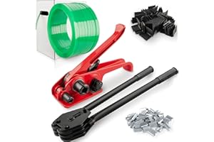 NROBOO Pallet Packaging Banding Strapping Kit with Heavy Duty Strapping Tensioner Tool, Banding Sealer Tool, 5/8" x 984' Polyester Strapping Roll, 100 Metal Seals, 100 Plastic Packaging Corner(Black)