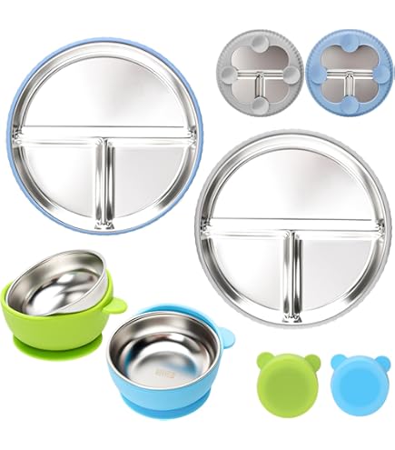 Lot De 3 Assiettes Bébé Avec Ventouse En Acier Inoxydable 304 - Plateau Divisé, Antidérapant, Pour Enfants Dès Début De Diversification
