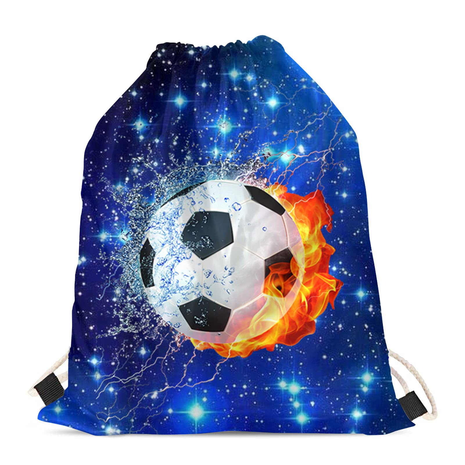 Showudesigns Galaxy Football Drawstring Bags Kids Sports Outdoor Travel Storage Daypack Children Swimming PE Bag Cinch Sack Soccer Fire and Water Blue