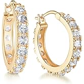 Moissanite/Sapphire/Ruby/Emerald Novelty Setting Earrings 20mm Small Chunky Hoops for Women, Solid 925 Sterling Silver with Gold Plated, Hypoallergenic Huggie Earrings, Anniversary Birthday Valentines Jewelry