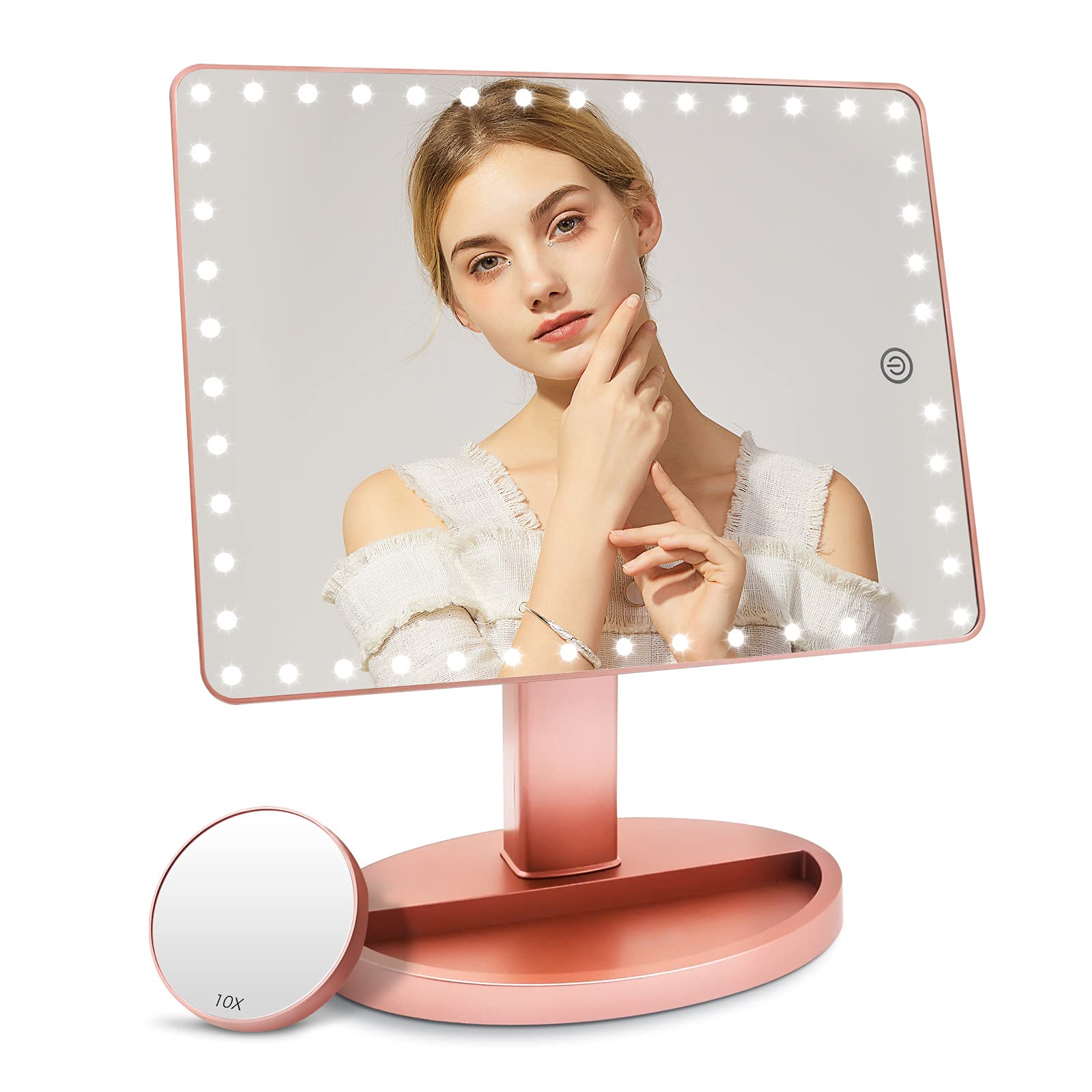 Large Lighted Makeup Vanity Mirror with 45 LED Lights, Rechargeable Lithium Battery Light Up Mirror, 10X Magnification Touch Screen, 360° Rotation Portable Tabletop Cosmetic illuminated Mirror