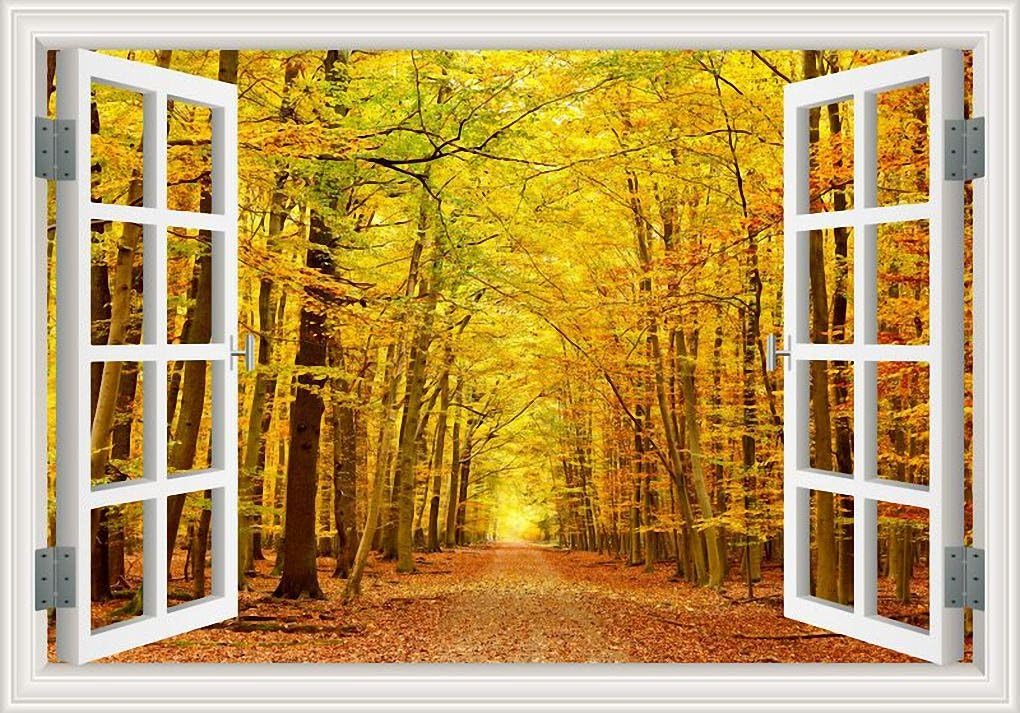 Peel & Stick Wall Murals Ginkgo Forest 3D Wall Srickers for Living Room Window View Removable Wallpaper Decals Home Decor Art-32x48 inches