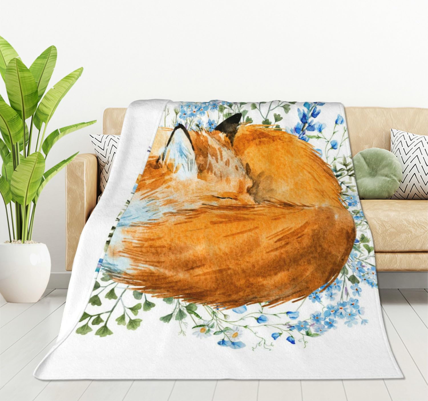 HGOD DESIGNS Watercolor Sleeping Fox Fleece Throw Blanket Ultra Soft Cozy Blooming Decorative Flannel Blanket All Season for Home Couch Bed Chair Travel 100x130cm
