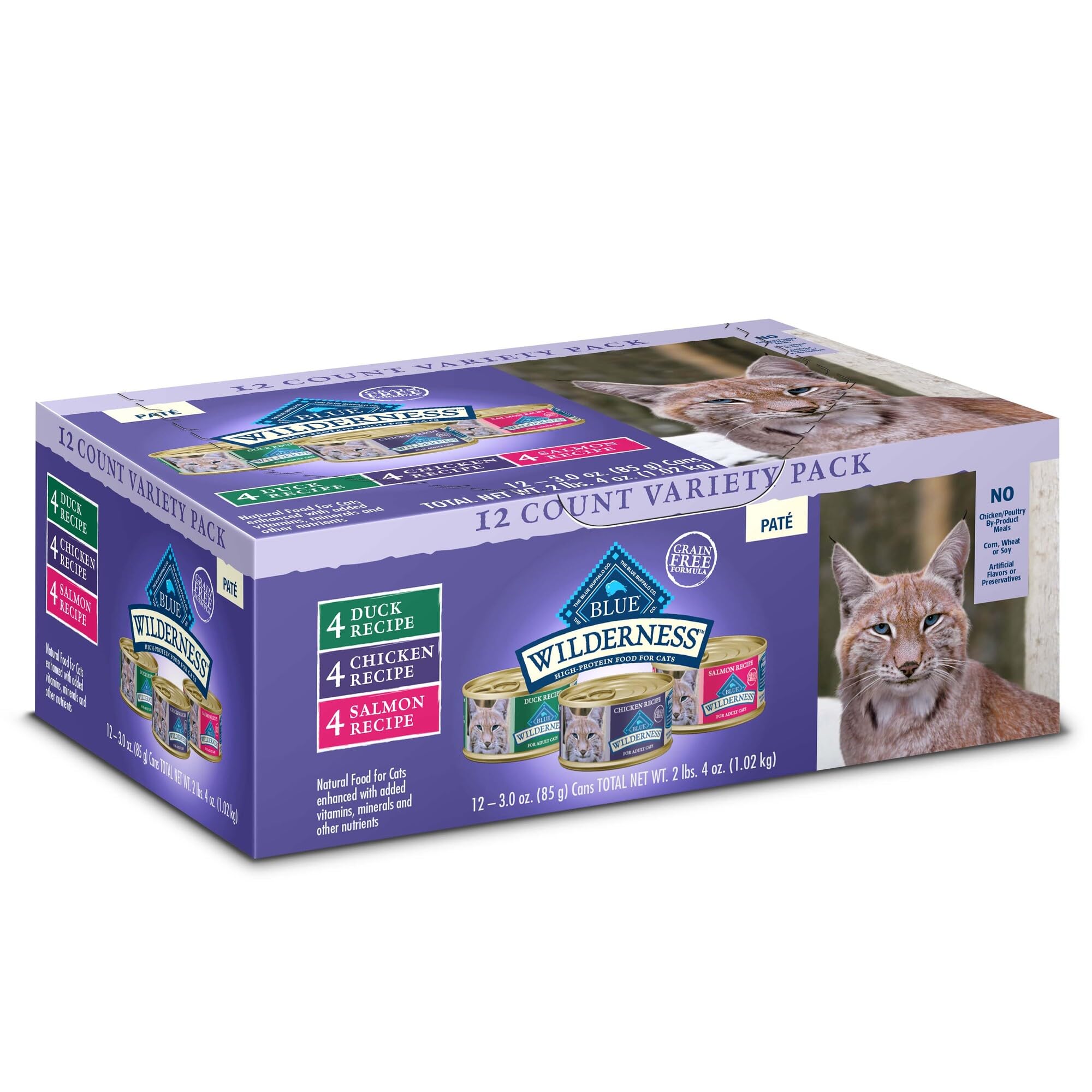 Photo 1 of *** BB AUG 28 2027 *** Blue Buffalo Wilderness High Protein, Natural Adult Pate Wet Cat Food Variety Pack, Chicken, Salmon, Duck 3-oz Cans (12 Count- 4 of Each Flavor)