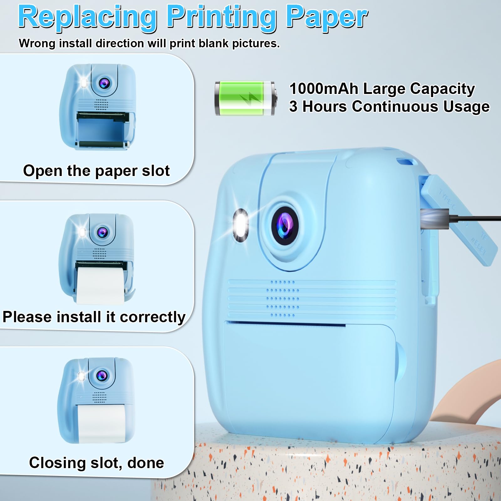 GKTZ Kids Camera Instant Print - 1080P HD 0 Ink Photo Christmas Birthday Gifts for Age 3-8 Girls Boys Portable Toy with 3 Rolls Paper, 5 Color Pens, 32GB Card Blue, PB210-32G