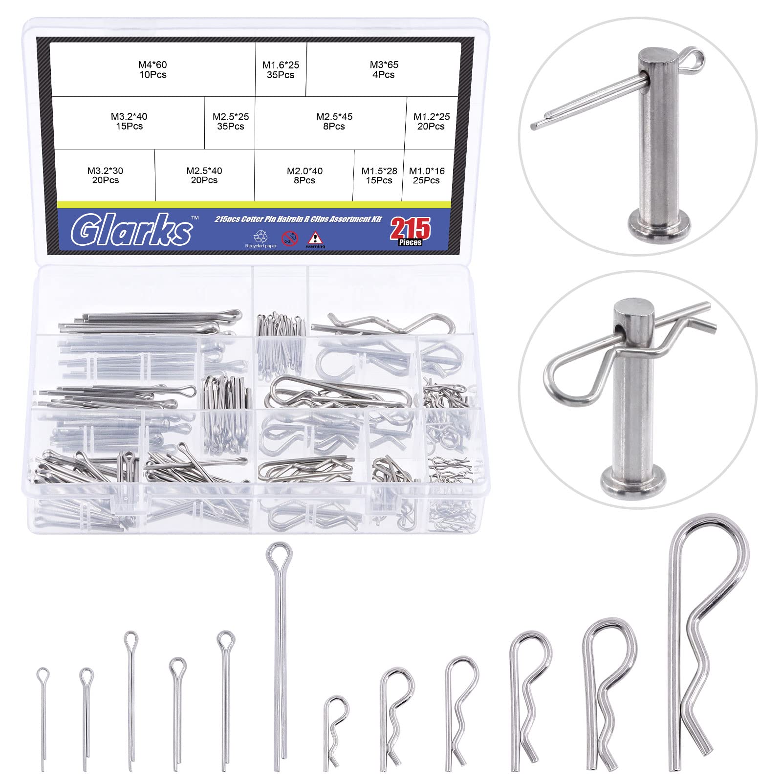 Glarks 215pcs 304 Stainless Steel Cotter Pins, Hairpin R Pins Assortment Kit - 12 Sizes, Small Engine, Automotive, Cars & Trucks
