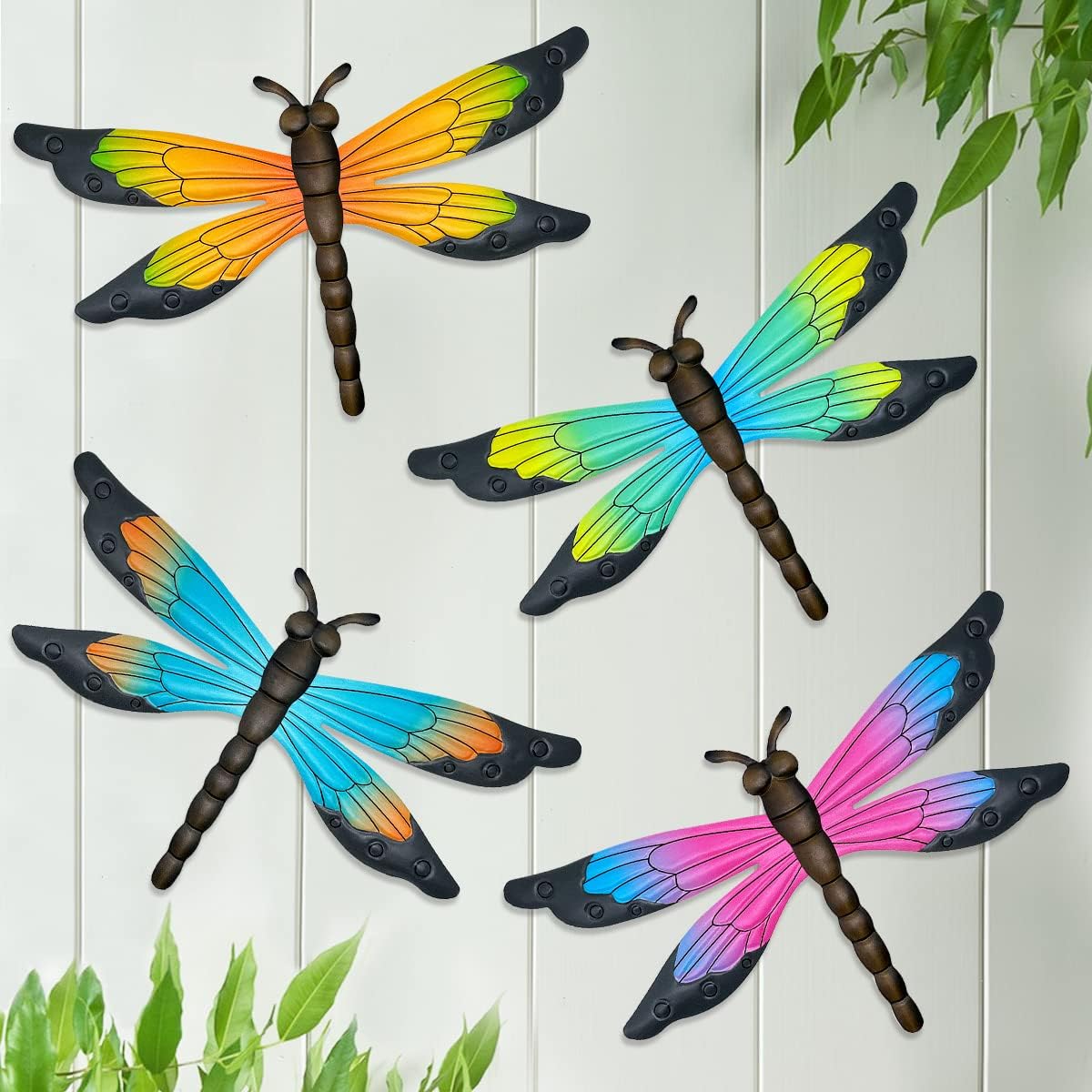 Plaques & Wall Art - VOKPROOF Metal Dragonfly Fence Wall Decor Outdoor, 14inches Colorful Dragonfly Wall Art Sculpture Hanging Decorations for Indoor and Outdoor, Yard Patio Garden Living Room Decor (Set of 4)