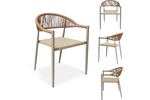 Erotr 4 Pcs Stackable Patio Dining Chairs, Aluminum Rattan Outdoor Dining Chair with Arms, Woven Rope Garden Armchair Metal No Assembly for Bistro Balcony Porch Deck Yard Cafe Restaurant, Light Brown