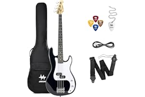 Aubegne APB-300 Full-Size 4 String Electric Bass Guitar Kit, Black, Includes Gig Bag, Strap, Picks, Cable, Pick Necklace
