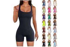 QACKNE Seamless Romper for Women Ribbed Workout Yoga Jumpsuit Square Neck Bodycon Bodysuit One Piece Short Jumpsuits
