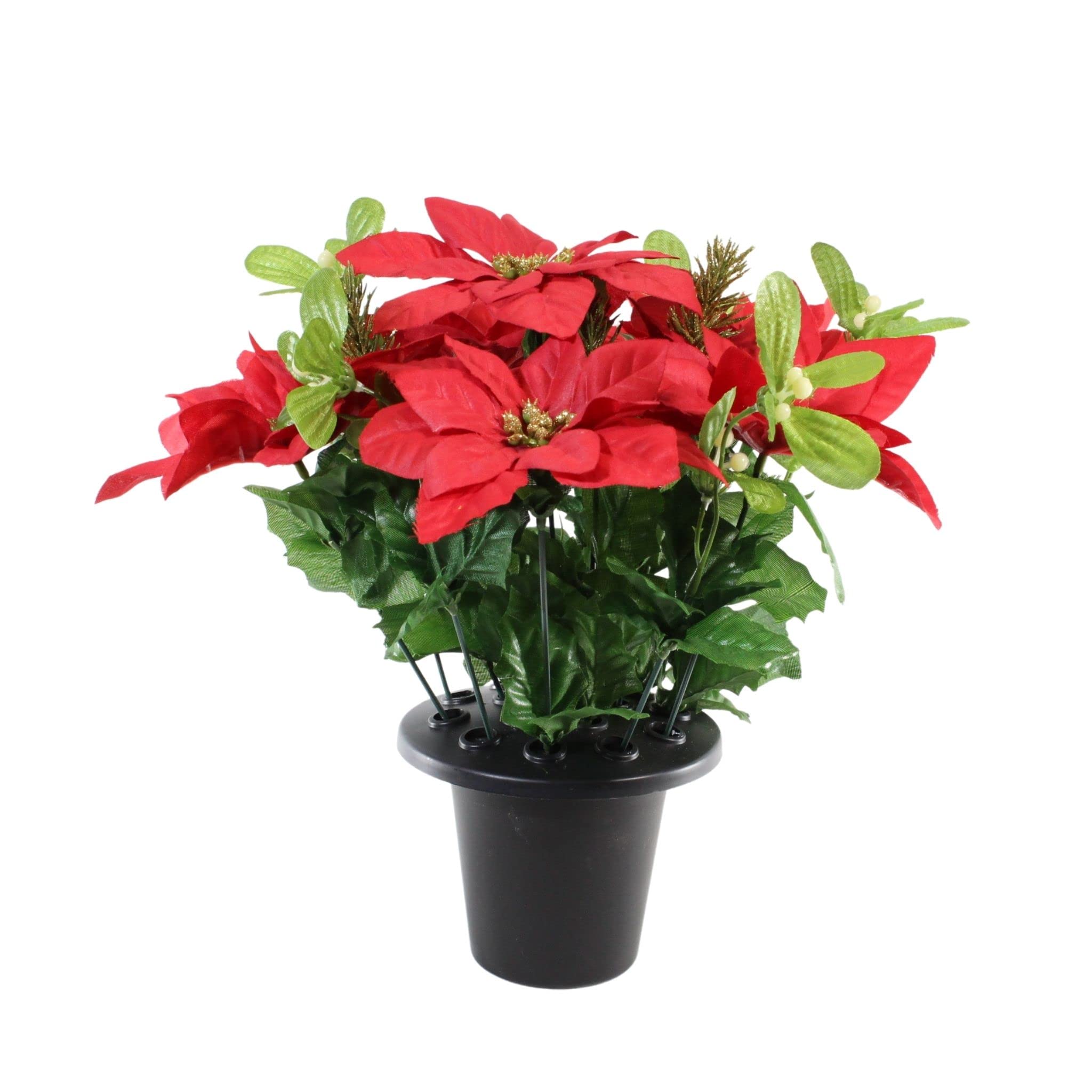 UK-Gardens Artificial Plants Grave Flower Pots - Large 28cm Tall Red and Green Poinsettia Mistletoe Spruce and Ivy Christmas Grave Flowers In A Pot Holder Arrangement To Use As A Memorial Vase