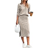 Glamaker Womens 2 Piece Skirt Sets Striped Sweater Dress Casual Polo Neck Knit Long Sleeve Midi Dresses Fall Fashion Outfits