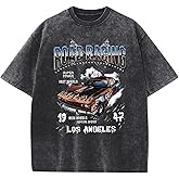 Lubpow Mens Graphic T-Shirts Oversized Acid Wash Tshirt Vintage Streetwear Shirt Cool Road Racing Printed Tee Los Angeles Top
