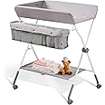 VEVOR Baby Changing Table, Folding Diaper Changing Station with Lockable Wheels, Portable Changing Table 3-Level Adjustable Heights, with Storage Basket & Hanging Racks for Newborns & Infant