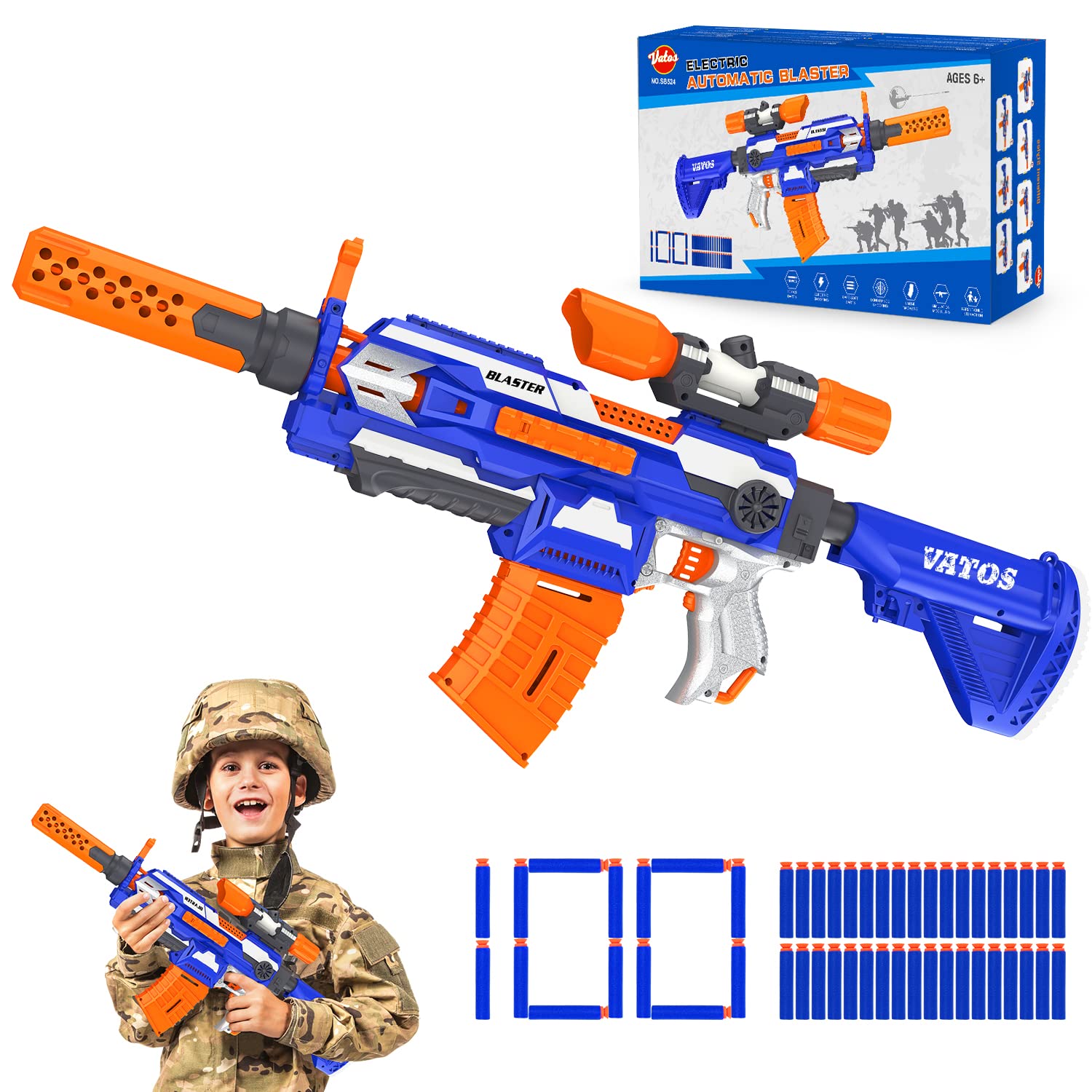 VATOS Electric Foam Blaster Toy Gun with 100 Pcs Darts, 7 DIY Automatic Machine Sniper Rifle Type with Scope, 30-50 FT Range Shotgun Shooting Games for Boys, Girls, Children 6-12 Years and Adults