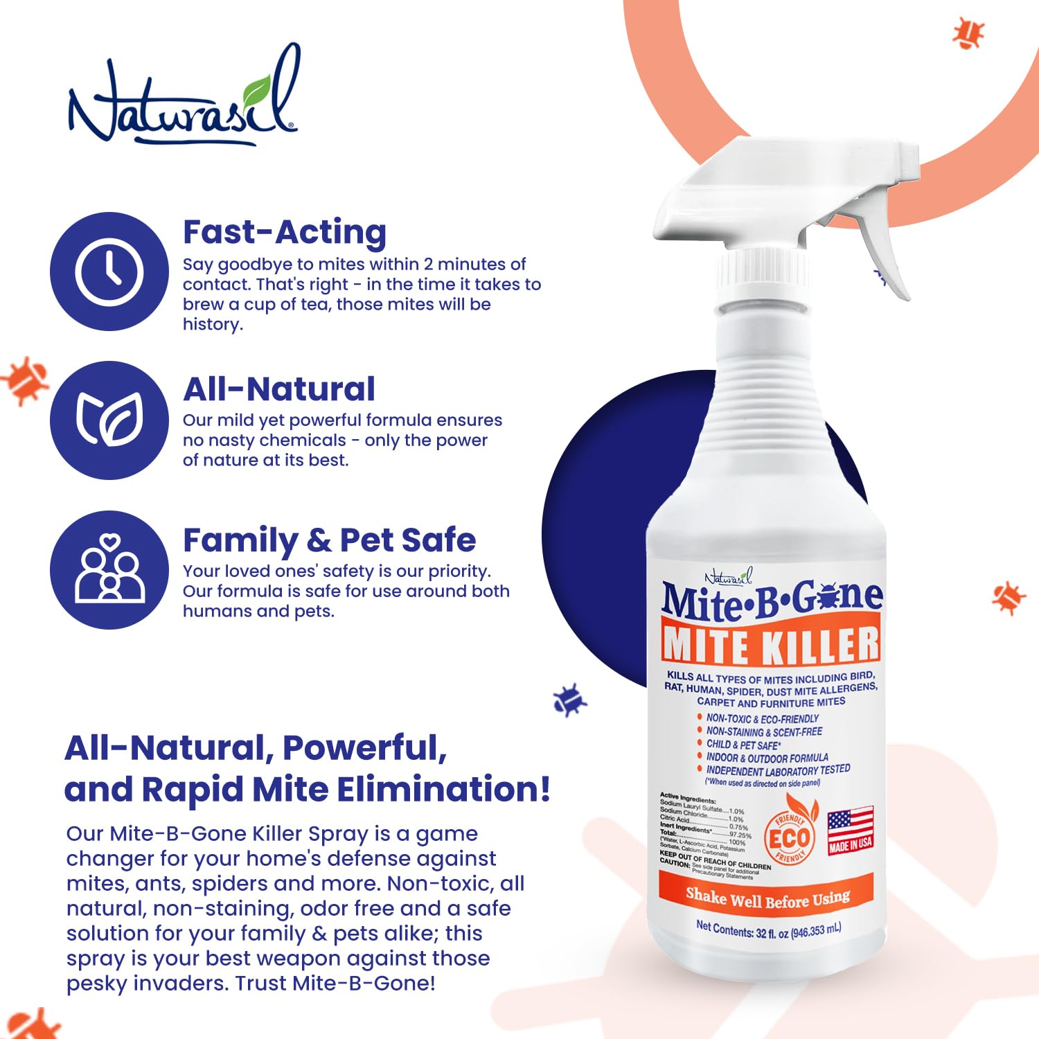 Mite Killer Spray by Mite-B-Gone Treatment — Kills Human Mites, Dust, Spider, Rat, Carpet & Bird Mites in Homes, Furniture, Bedding, Auto & On Animals | Non-Toxic | Kid & Pet Safe | 32oz Spray