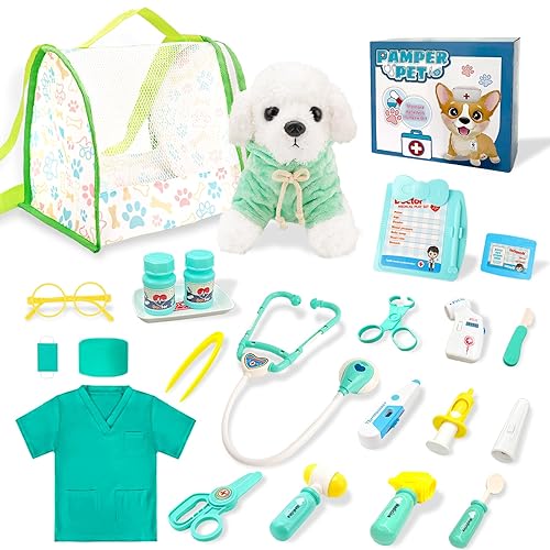 Doctor Kit for Kids, Pretend Play Doctor Play Toys for Toddlers 3-5 with Plush Dog, Stethoscope, Carring Bag, Veterinarian Pet Care Role Play Vet Set Birthday Gift for Girls Boys Aged 3 4 5 6 7 Years