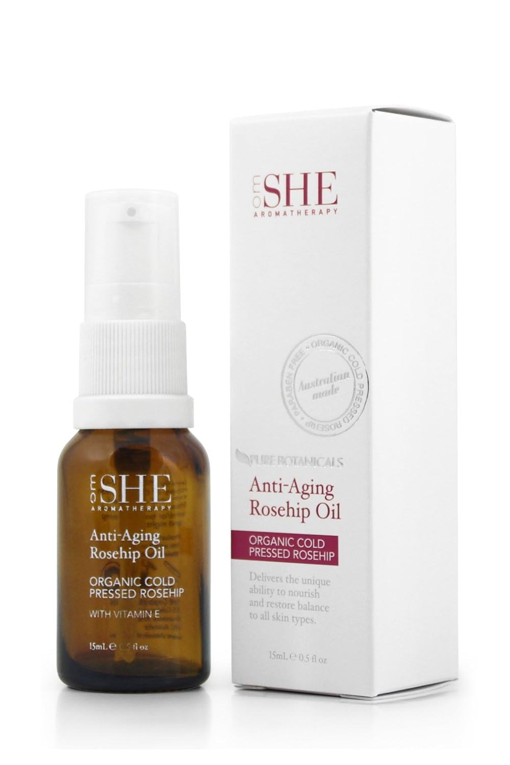 Om She Aromatherapy - Anti Aging Rosehip Oil .5 fl oz (15ml) - Vegan Friendly - Paraben Free - Cruelty Free - Vitamin E - Organic - Cold Pressed - Nourishing - Restoring