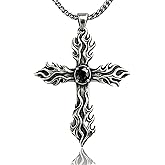 PinkBanni Gothic Cross Necklace, Black Cross Necklace with Glass Stone for Men, Gothic Punk Cross Pendant Necklace for Men