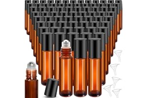 10ml Glass Essential Oil Roller Bottles, 50 PCS Empty Roll on Bottles with 5 Funnels, Refillable Stainless Steel Roll Balls C