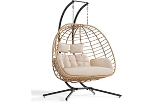 SWITTE Double Hanging Egg Chair with Stand, Outdoor Patio 2 Person Wicker Hammock Swing Chairs with Cushion Loveseat for Indoor Bedroom, Lawn, Garden-Beige