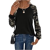 RoseSeek Women's Camo Print Long Sleeve Tee Tops Casual Crewneck Tees Shirts Casual Fall T Shirt