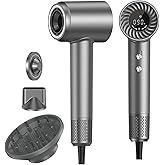 Hair Dryer, 150000 RPM Brushless Motor with 500M Negative Ions, Fast-Dry Lightweight Design, ThermoControl & Magnetic Nozzle/Diffuser, Low Noise Salon Blow Dryer for All Hair, Travel, Home