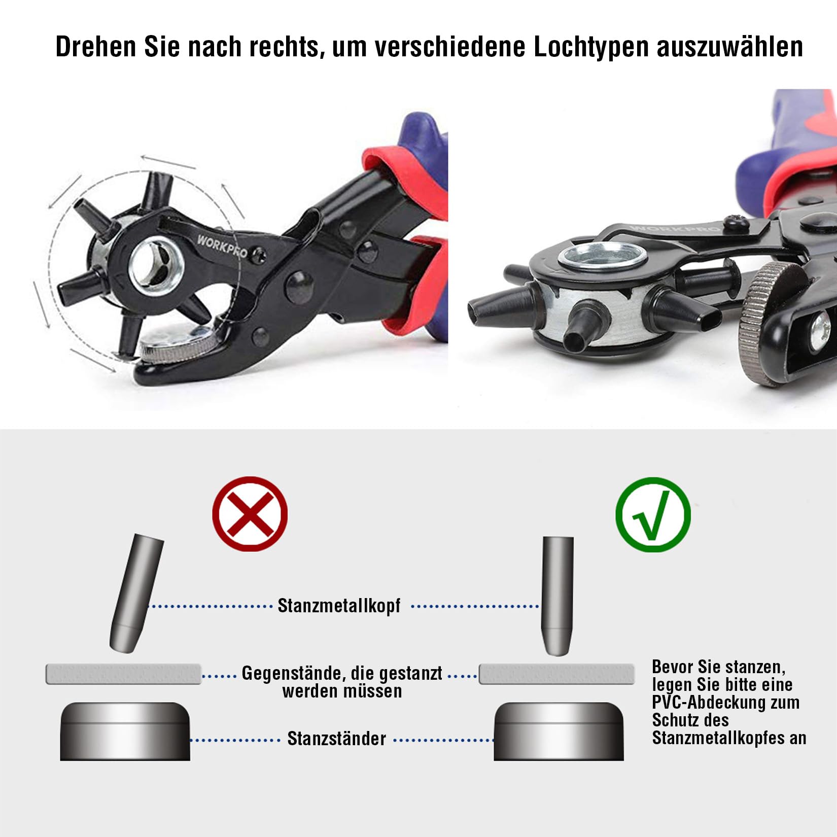 WORKPRO Revolverlochzange Lochzange Gürtel Leder Gürtel Puncher 255 MM Locher Rund 3,5-4-4,5 MM Rechteckige 6,6-7,5 MM OVAL Lochpfeifen 6,1 MM 4