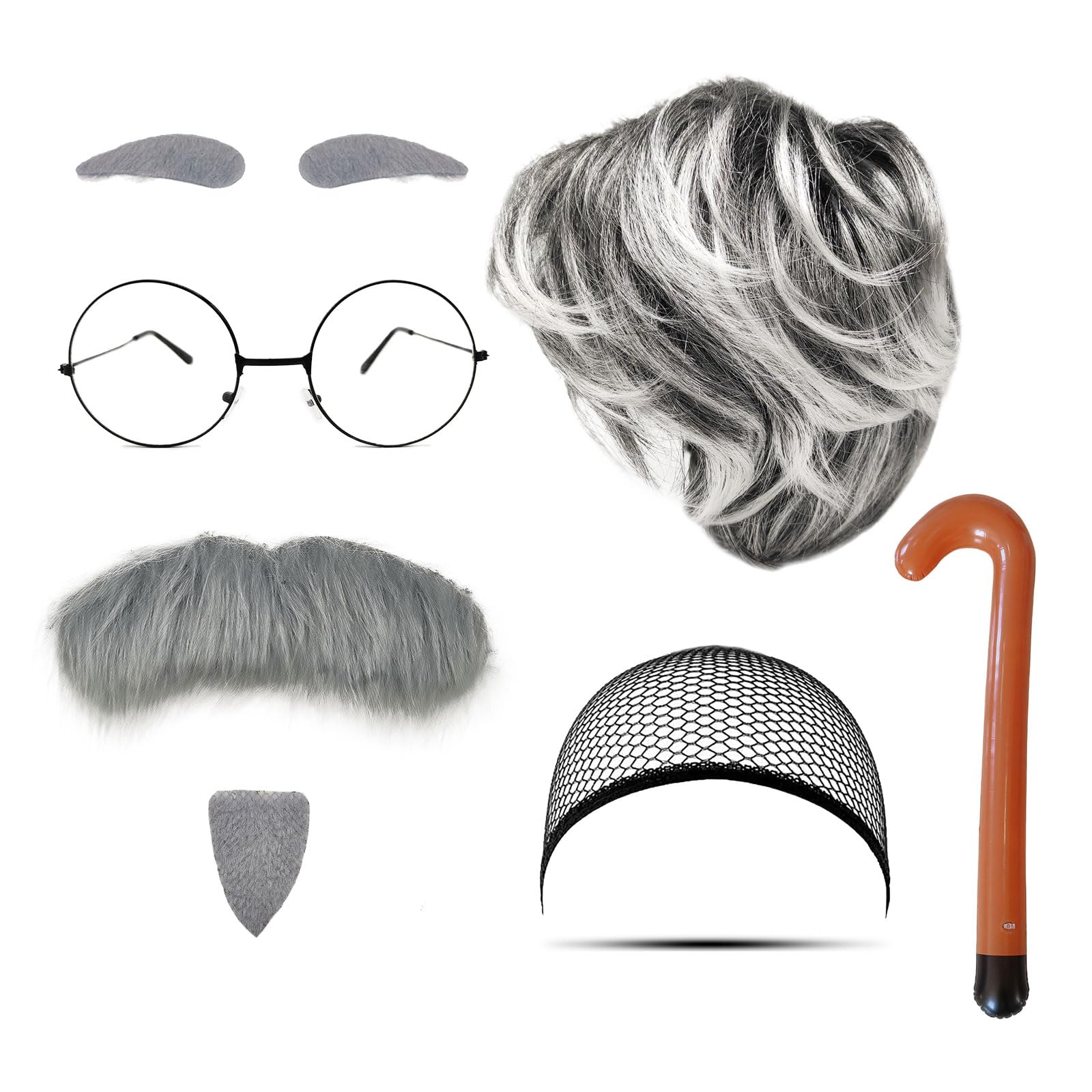 MIVAIUN 8 Piece Men's Wig Set: Grey Wig, Fake Beard, Eyebrows, Wig Cap, Glasses, Inflatable Walking Stick - Grandpa Costume Accessories for Cosplay, Parties