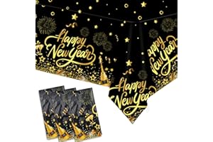HOWAF 3 Pack New Years Party Decoration Table Cover, Black and Gold Happy New Year Tablecloth for News Years Eve's Party Supplies, Plastic Tablecloths Gold Star Fireworks Pattern for 2026 NYE Favors