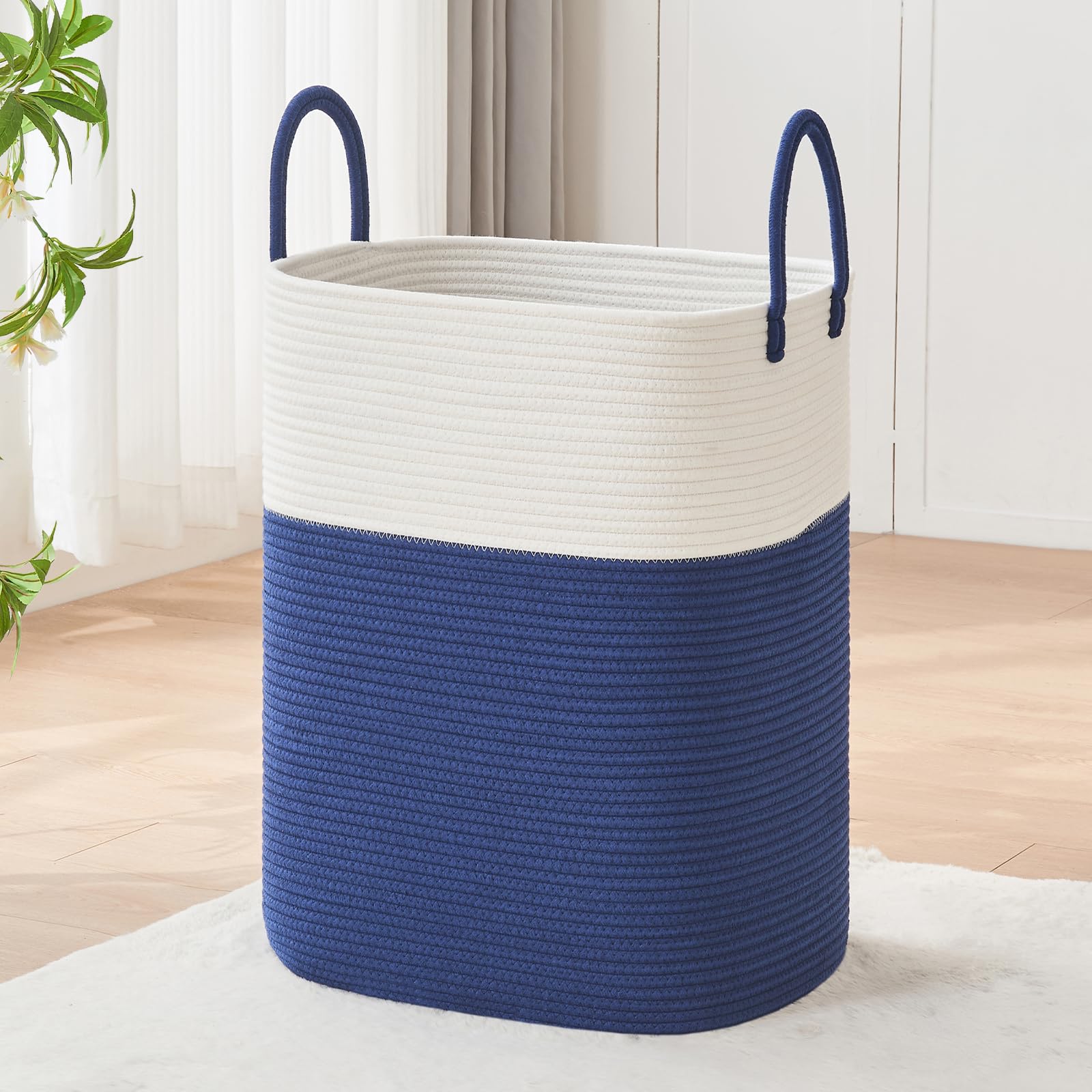 AINUOQI Laundry Basket with Handles - Blanket Basket & Hampers for Bedroom Aesthetic, Laundry Hamper & Blanket Storage for Living Room, Clothes Hamper, Tall, Large 17" x 14" x 23”, White & Dark Blue Image