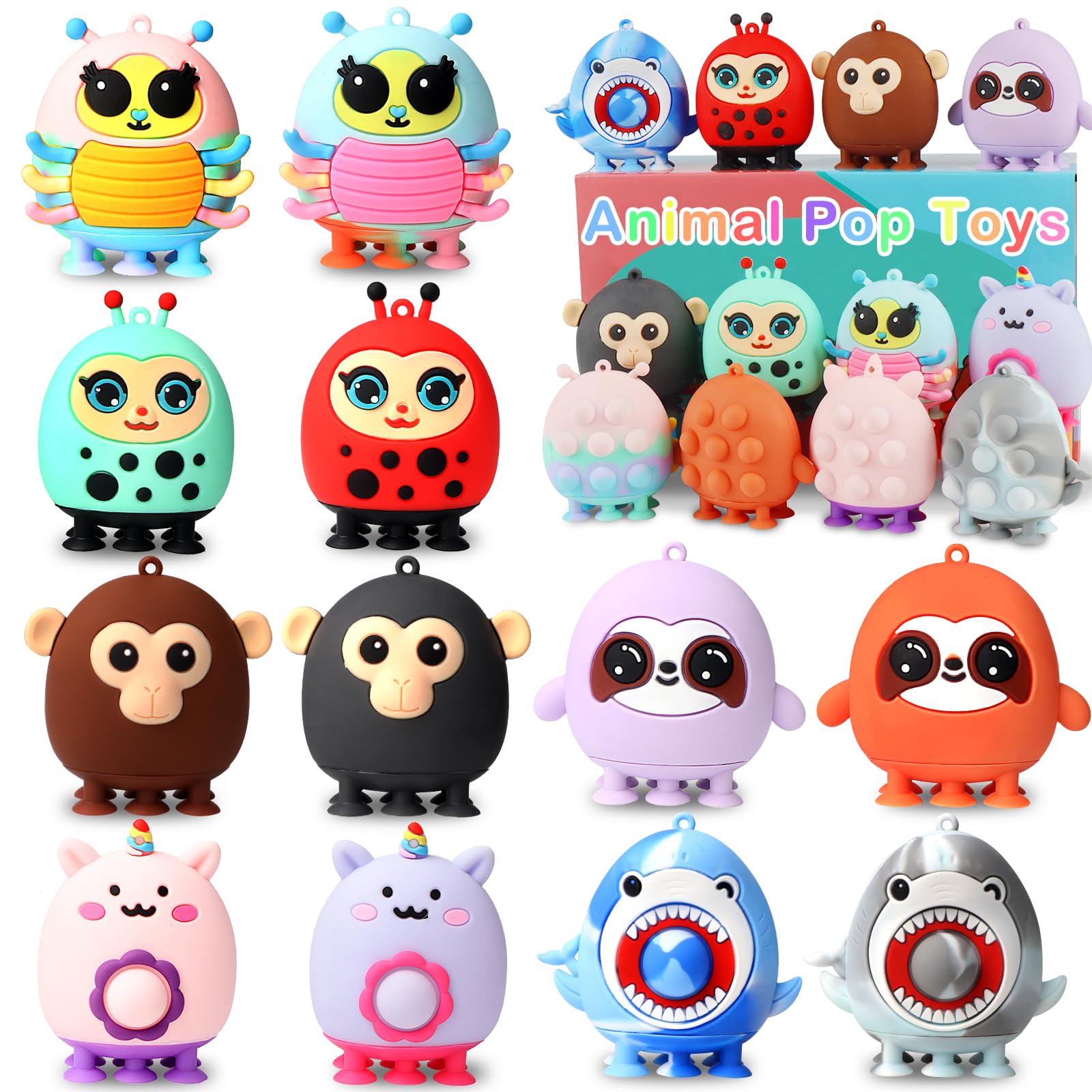 12 PCS Animal Suction Pop Fidget Toys, 3D Silicone Suction Toys for Kids, Fidgets Party Favors, Goodie Bags Stuffers, Pinata Stuffers, Carnival Prizes, Bulk Kids Prizes