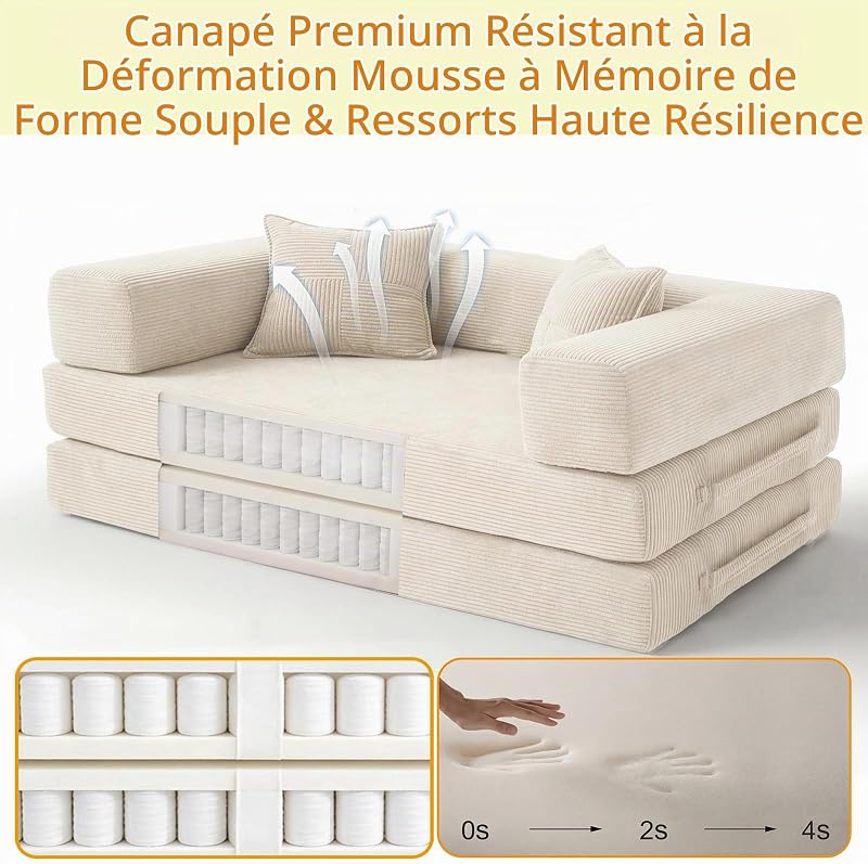 200cm 5 en 1 Canapé Compressé, Fabriqué en Velours Côtelé de Haute Qualité avec Forme de Mémoire Haute Densité Versatile Canapé Convertible 3 Places pour Pièce Compacte, Blanc