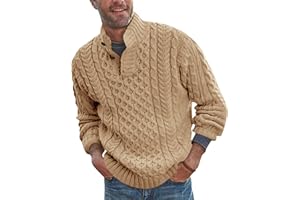 Bbalizko Mens Stand Collar Pullover Sweater Cable Knitted Chunky Winter Fashion Buttons Twisted Thermal Sweaters