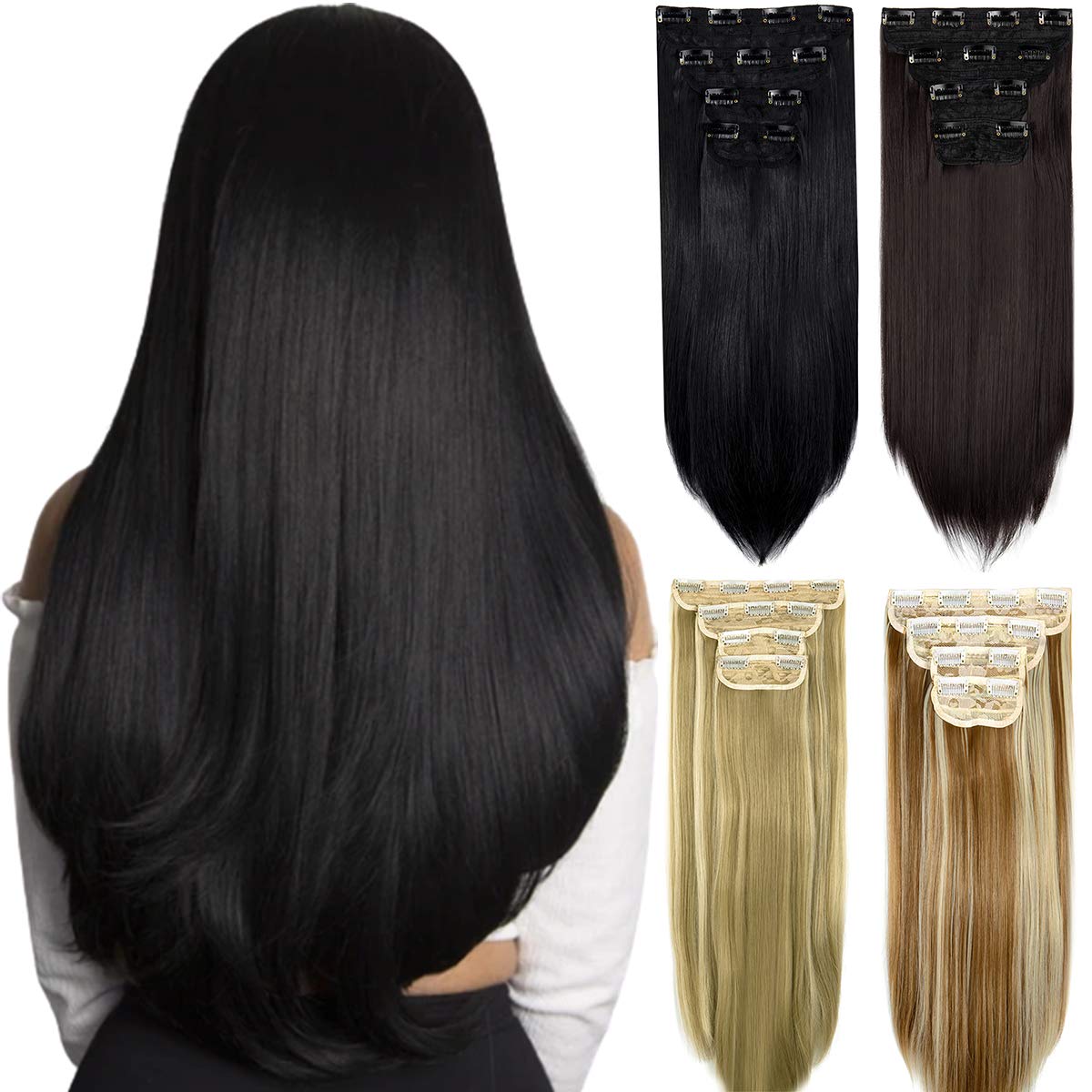 DODOING Clip in Hair Extensions 4Pcs 11Clips Straight Thick Full Head Double Weft Clip on Synthetic Hair Extension Straight Hairpieces for Women Ash Blonde Mix Bleach Blonde 24"