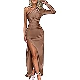 Caracilia Womens Wedding Guest Maxi Dress 2025 Fall One Shoulder Sleeve Satin Bodycon High Split Cocktail Formal Prom Dresses