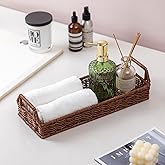 Toilet Tank Tray with Handles - Long Narrow Rattan Style Vanity Tray | Bathroom Sink Organizer, Guest Towel & Napkin Holder, Decorative Storage Basket for Bathroom, Toilet or Guest Room