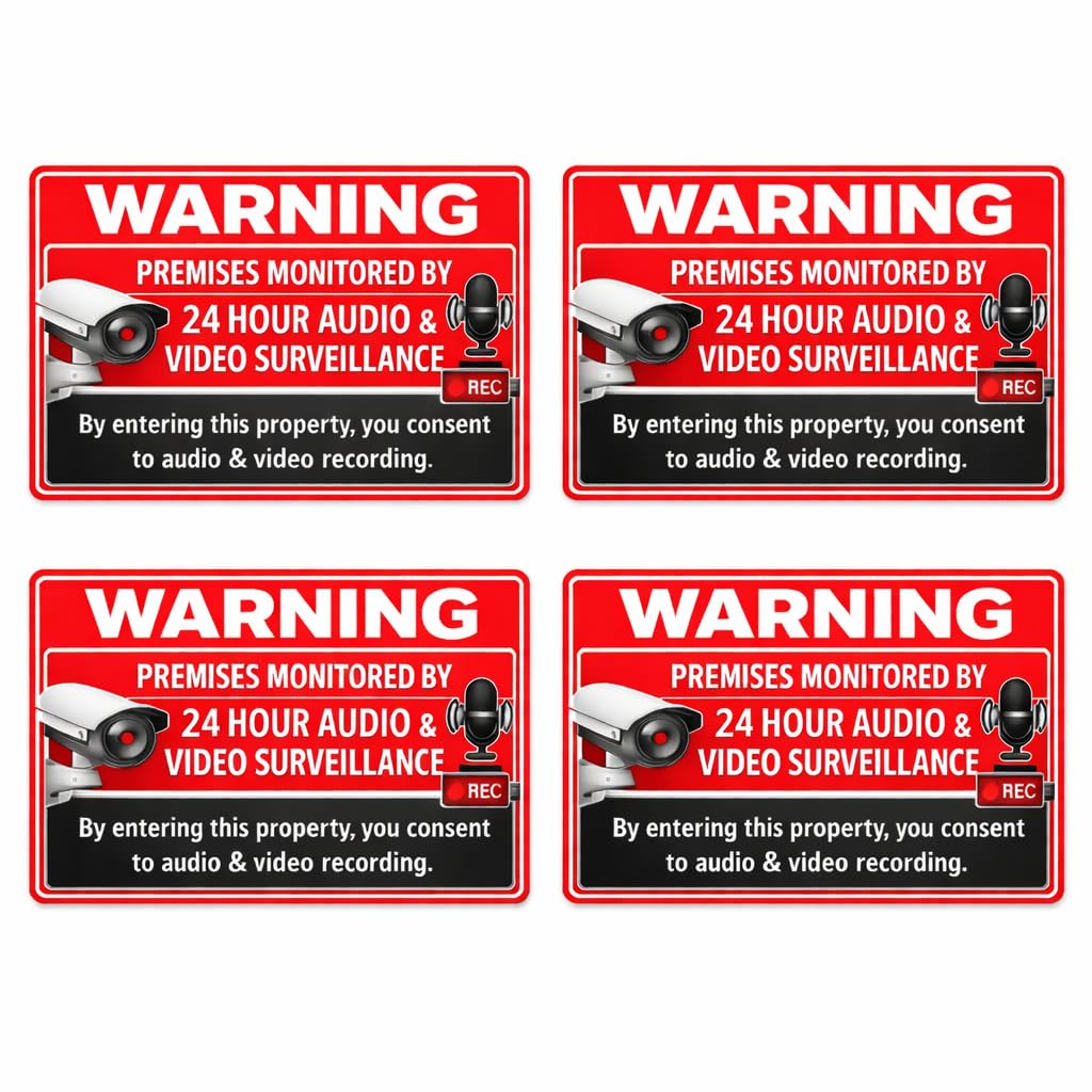 4 x Warning These Premises are Protected by Audio and Video Surveillance CCTV Cameras - Self Adhesive Backed Sticker Signs Size (150 mm x 100 mm) Approx A6