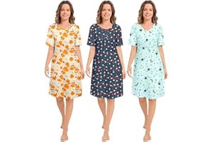 CONOMAX 3 Pack Nightgowns for Women Short Sleeve Night Gown Soft Sleep Shirts Women's Sleepwear Print Nightdress