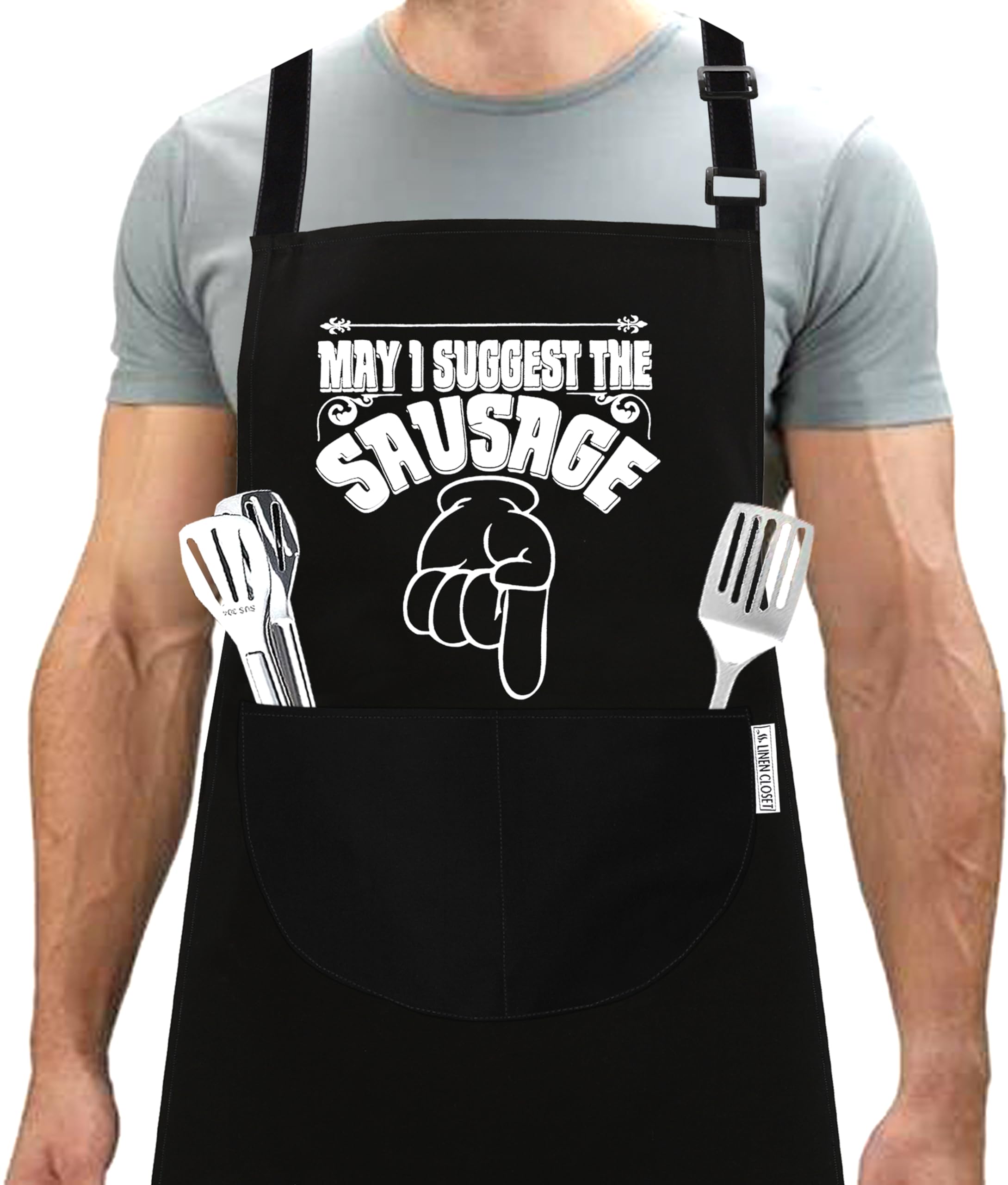 LINEN CLOSET® Bbq Apron for Men Funny Aprons Chef Grilling Novelty Barbecue Aprons Kitchen Cooking Gift Black Apron with 2 Pockets-may i suggest the sausage apron