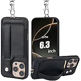 TOOVREN Phone Case Compatible with iPhone 16 Pro Wallet Case with Strap Lanyard Card Holder Case for iPhone 16 Pro Case with Wallet Leather Stand Kickstand Adjustable for Women & Men 6.3 Inch Black