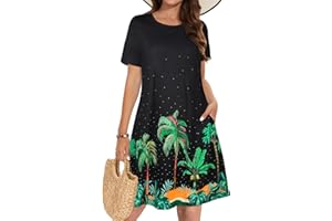 ELESCAT Summer Dresses for Women Casual Tshirt Short Sleeve Floral Sundress Beach Cover Ups with Pockets