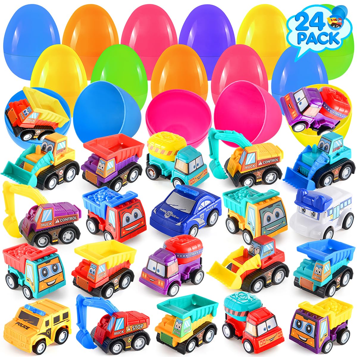 Ellinjan Prefilled Easter Eggs with Toys Inside, 24 Pack Pull Back Cars Easter Eggs with Construction Vehicles, Easter Basket Essentials Stuffers for Toddlers, Easter Egg Fillers for Kids Boys Girls