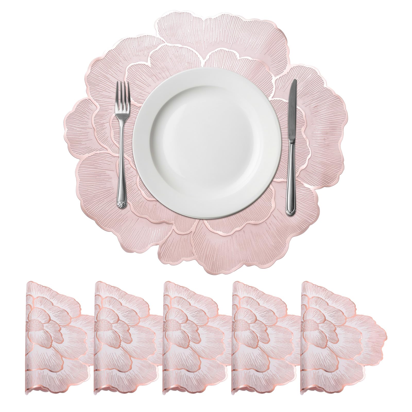Photo 1 of **Only 4**uxcell White Pink Floral Rose Round Placemats Set of 6 for Dinner Tables, Metallic Polyvinyl Pressed Placemats Washable Table Mats for Dinner Table Decor (15" x 15"/38 x 38cm)