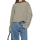 KOSUSANILL Women Oversized Striped Long Sleeve Shirt Crewneck Cropped Tops Drop Shoulder Y2K Preppy Sweatshirt Fall Clothes