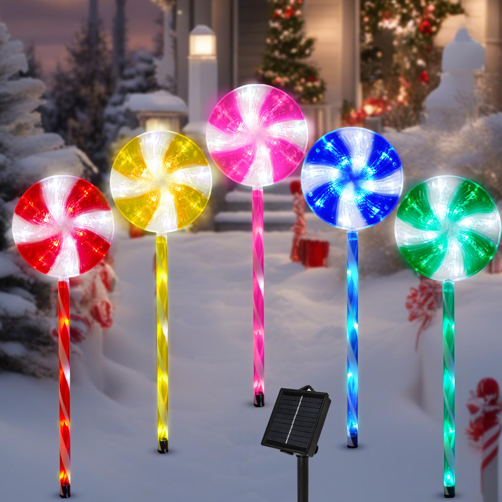 Photo 1 of ***(PARTS ONLY/ NON FUNCTIONAL)***BRIGHTDECK Lollipop Solar Christmas Pathway Lights Outdoor, 5 Pack LED Christmas Decor with 8 Lighting Modes, Light Up Solar Stake Lights for Holiday, Xmas, Walkway, Sidewalk(Multicolour, 5 PCS)