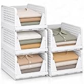 SNSLXH Closet Organizers and Storage, 5 Pack Stackable Closet Bins | Foldable Closet Storage Basket for Clothes, Towels &amp; Accessories, Drawer-Style Wardrobe Organizer for Bedroom &amp; Laundry Room