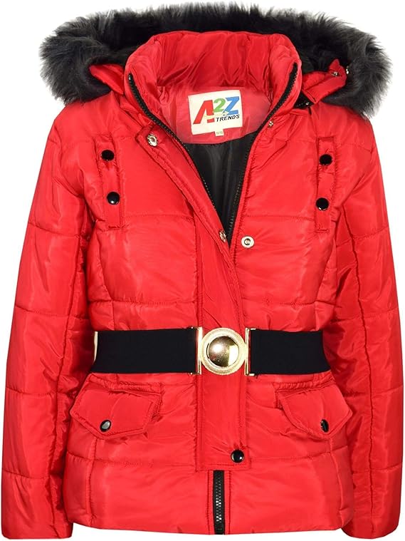 red puffer with fur hood