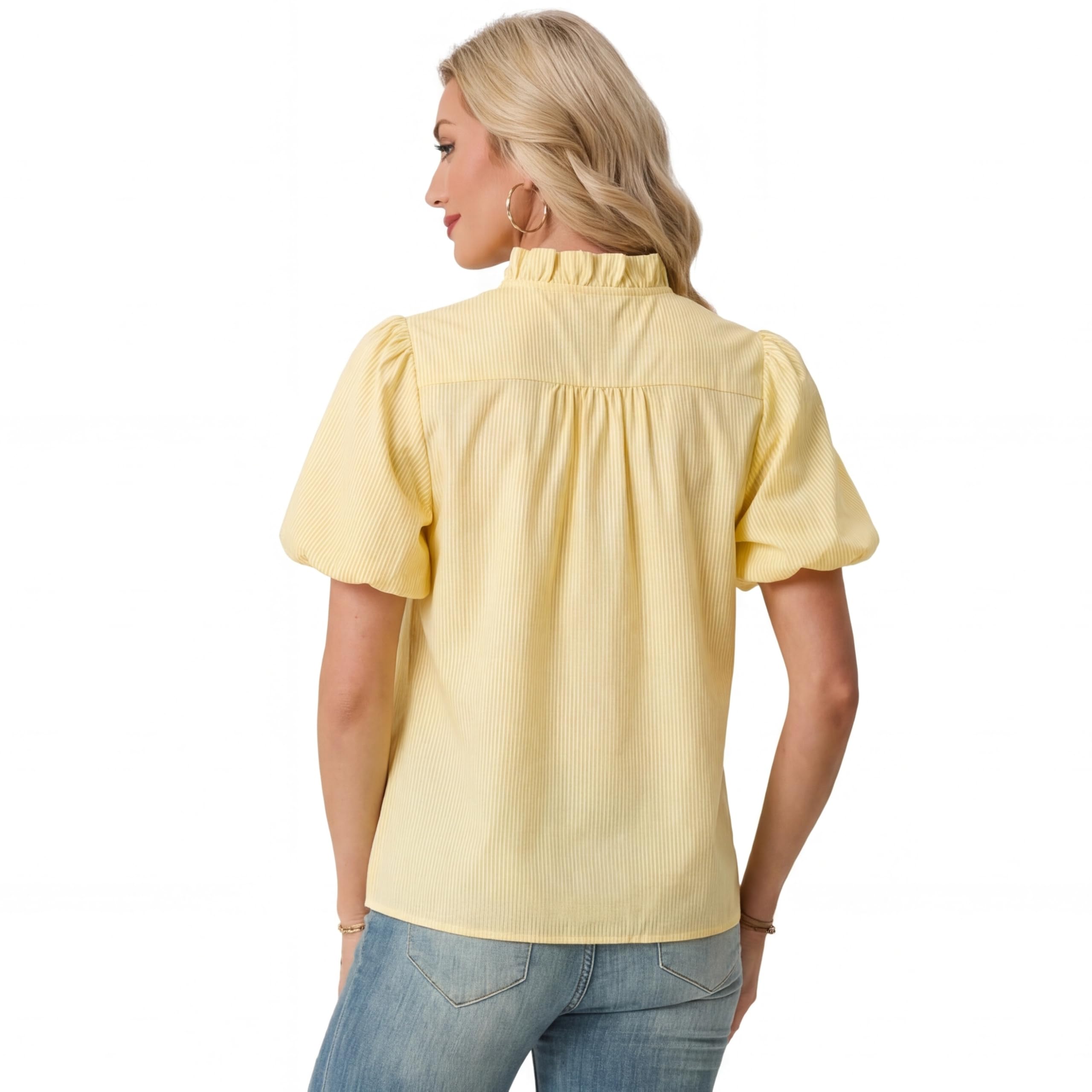 Condition photo showing As Is for peassa puff sleeve tops for women button down striped ruffle front collar blouse summer peplum shirt