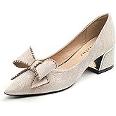 KCTRFSJ Women's Rhinestones Bowknot Chunky Heel Pumps Shoes,Fashion Closed Pointed Toe Low Block Heels,Comfortable Non-Slip Slip-on Dress Wedding Shoes